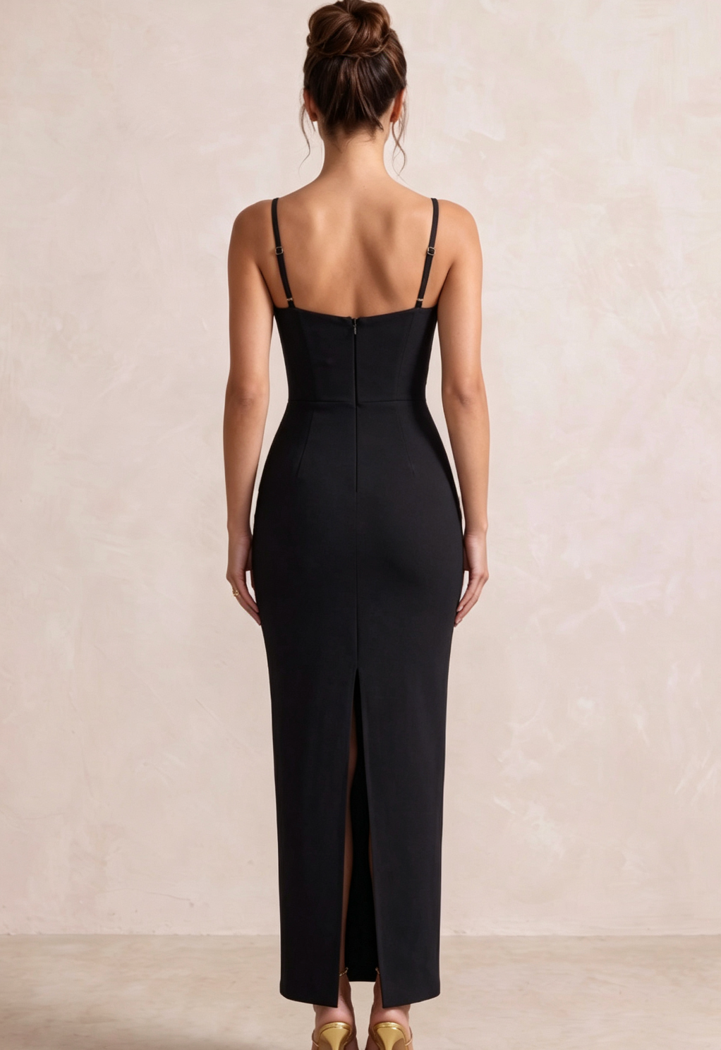 Black Heavy Crepe Column Dress with 3D Metallic Gold Flowers