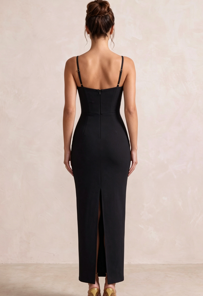 Black Heavy Crepe Column Dress with 3D Metallic Gold Flowers