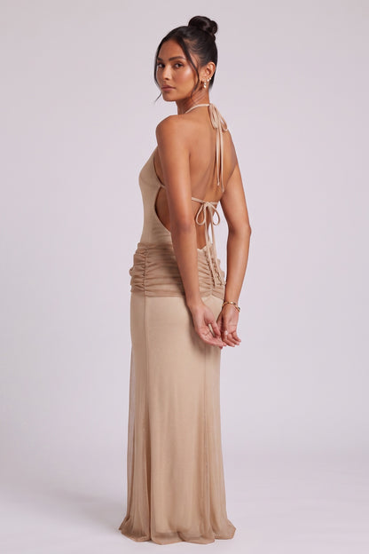 Beige Fine Stretch Knit Column Evening Gown beige, champagne fine stretch knit evening gown - product view 4