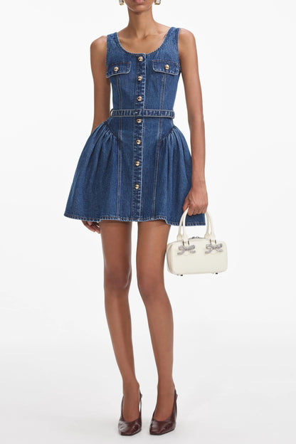 Flared Denim Mini Dress in blue
