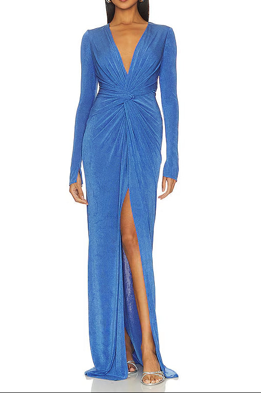 virginia blue pleated long sleeve high slit maxi dress