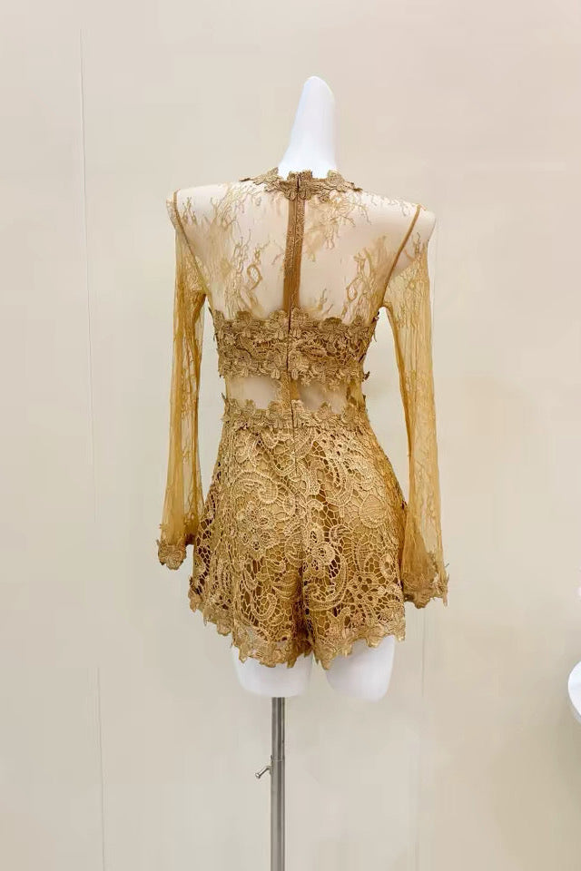 Sheer Lace Long Sleeve Skort Romper