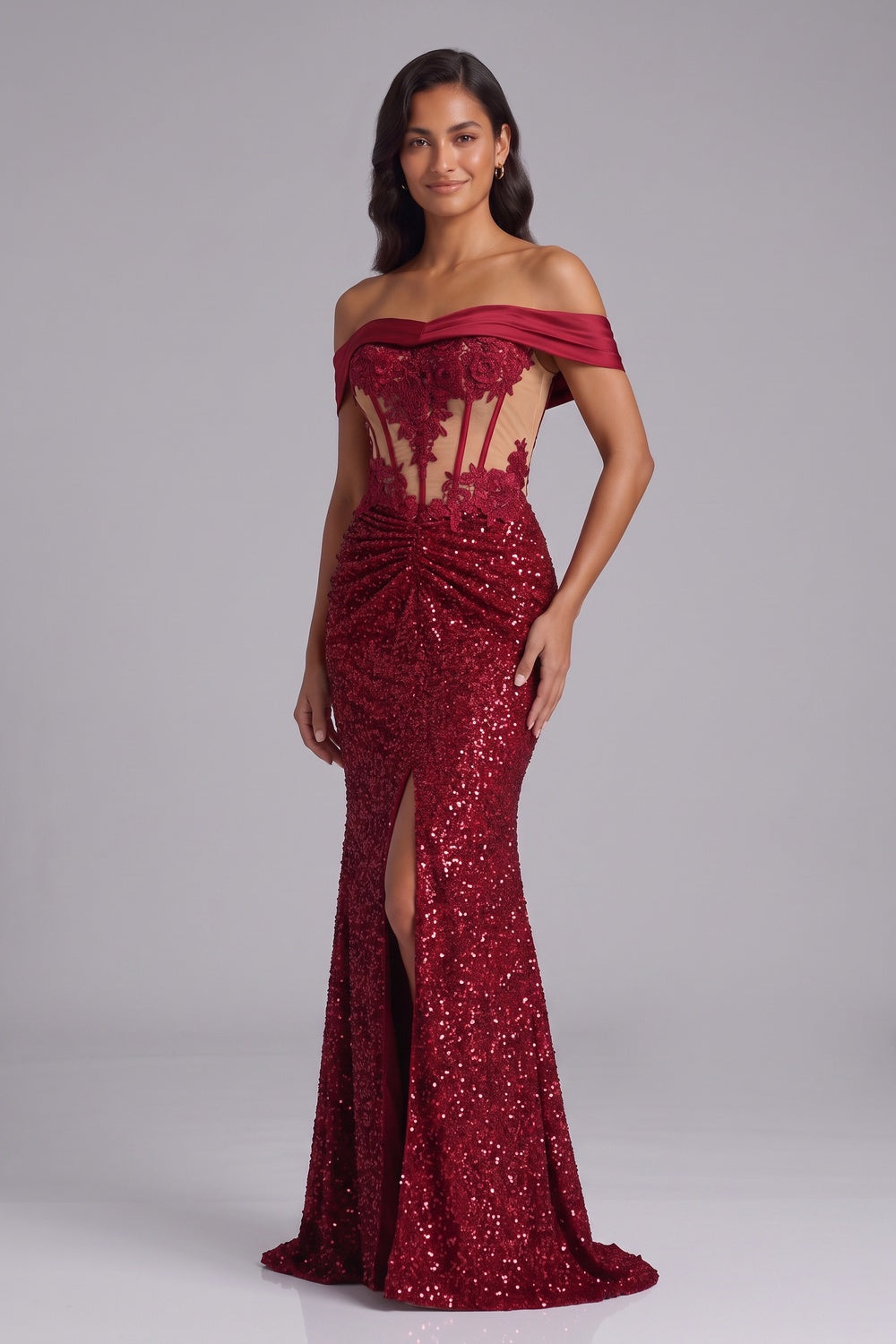 Deep Red Sequin Off-the-Shoulder Mermaid Gown Premium Fabric - product view 4
