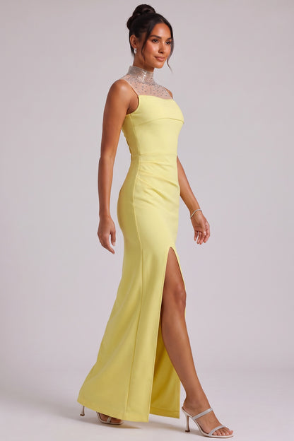 Yellow Beaded Neckline Maxi Dress Premium Fabric - product view 4