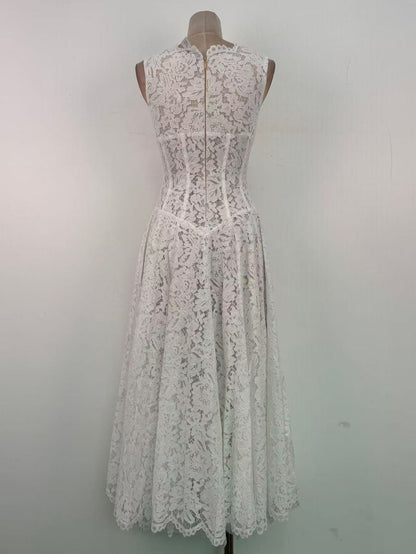 White Floral Lace A-Line Midi Dress with Keyhole Neckline
