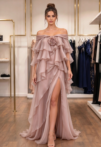 Dusty Pink Chiffon Flowing A-Line Gown with High Slit