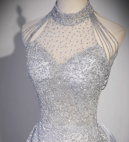 Silver Tulle A-Line Evening Gown