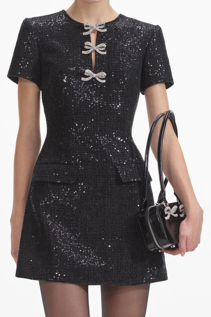 janice Black Sequin Tweed Bow Mini Dress