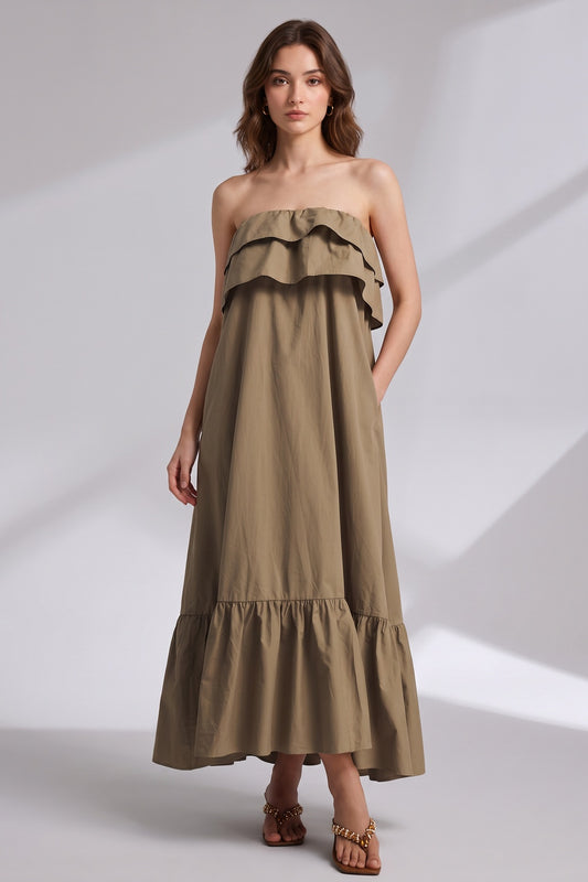khaki brown cotton poplin A-line tent dress khaki brown cotton poplin dress - product view 1