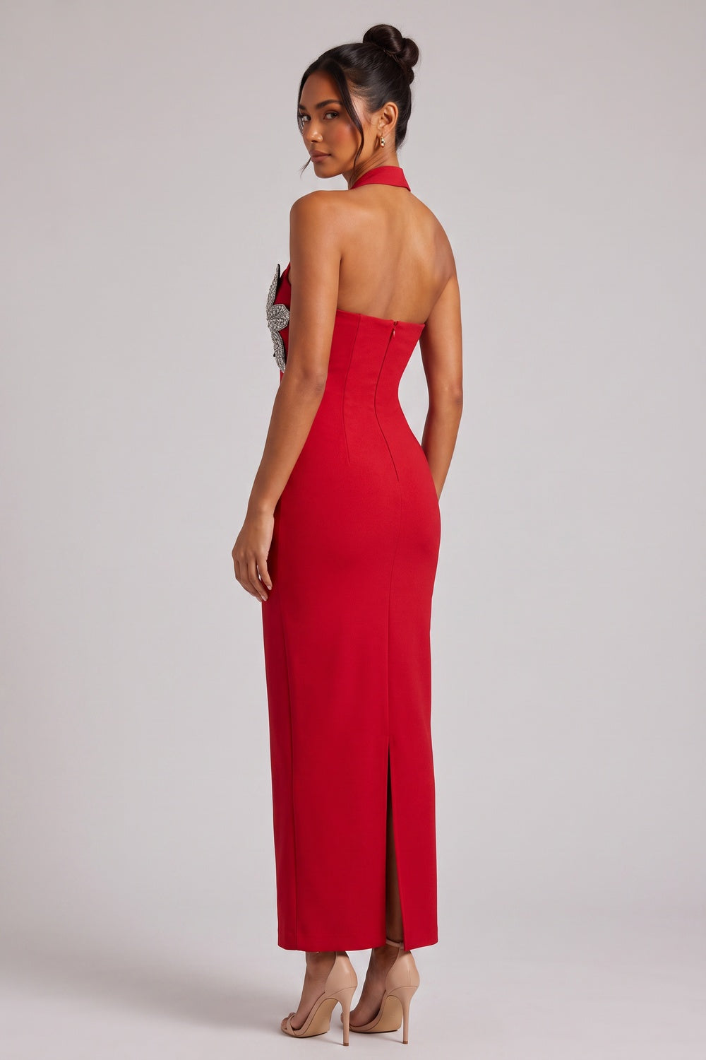 Red Halter Maxi Dress with Silver Floral Embellishment Premium Fabric - product view 5