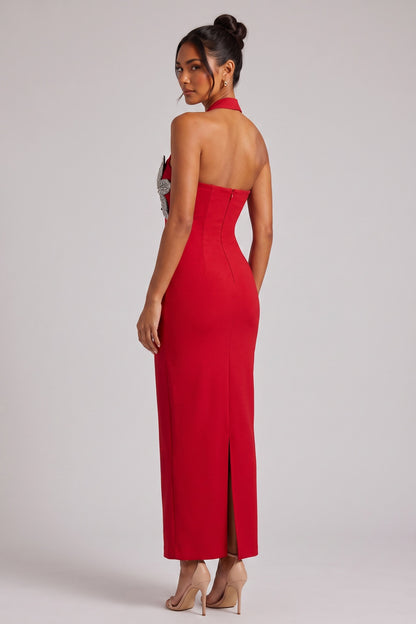 Red Halter Maxi Dress with Silver Floral Embellishment Premium Fabric - product view 5