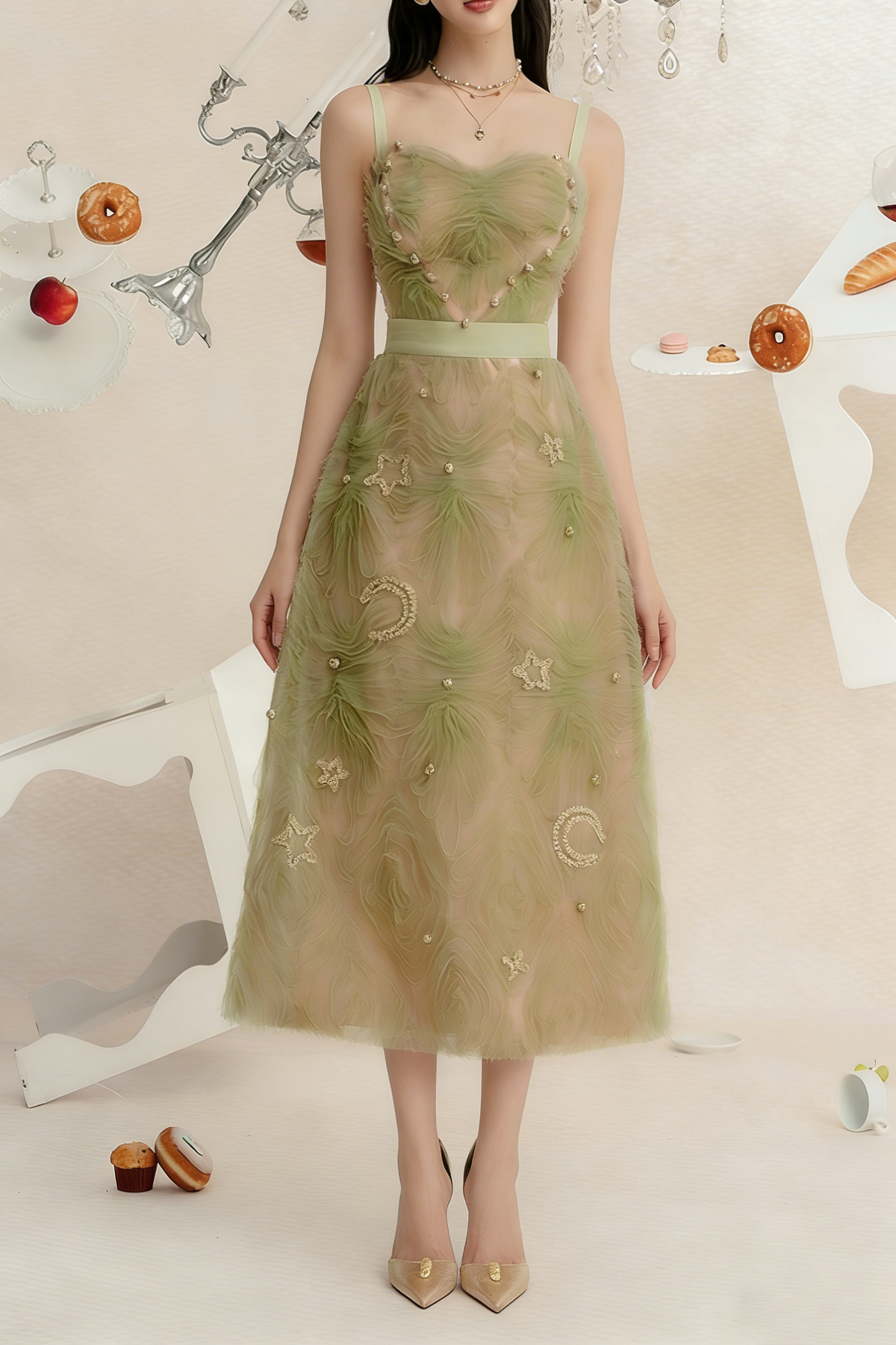 SPAGHETTI STRAPS MESH MIDI DRESS