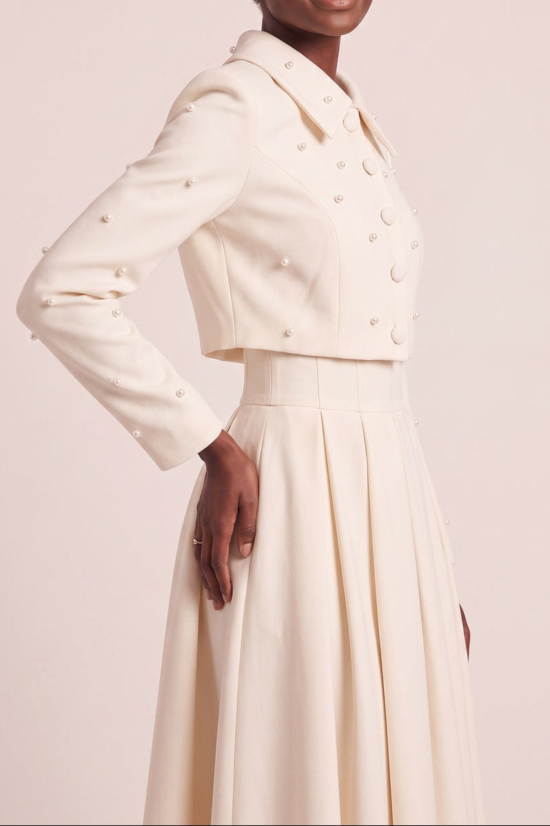 Pearl Embellished Collar Crop Blazer &amp; High Waist Pleated Midi Skirt Two Piece Set