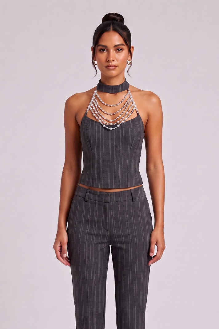 Dark Grey Pinstripe Corset-Style Halter Top dark grey pinstripe suiting fabric halter top - product view 4