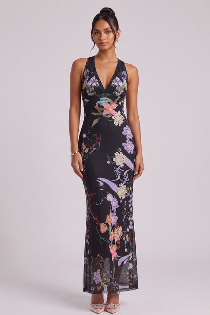 Black Sheer Mesh Fitted Column Maxi Dress with Engineered Floral Print black sheer mesh dress - product view 1