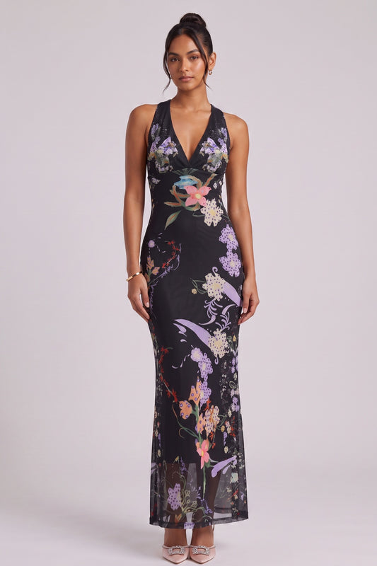 Black Sheer Mesh Fitted Column Maxi Dress with Engineered Floral Print black sheer mesh dress - product view 1
