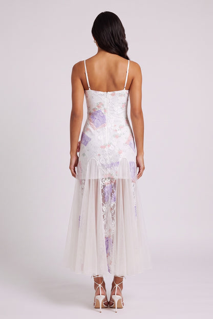 Pastel Floral Lace 3D Flower Spaghetti Strap Tulle Mermaid Midi Dress