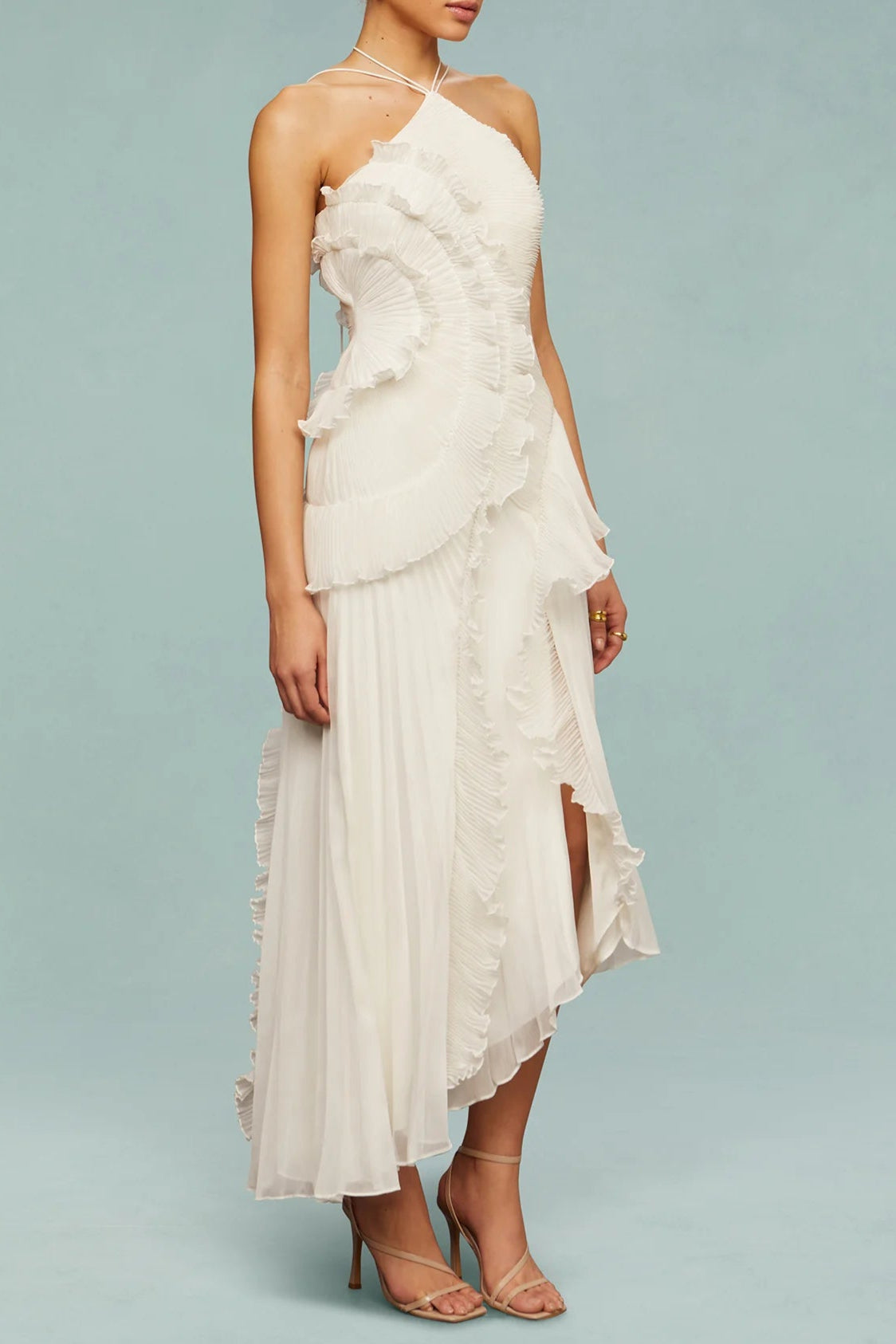 alva Sleeveless Folds Slit Maxi Dress in light white
