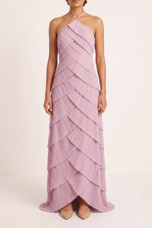 Halter Layered Pleated Maxi Dress