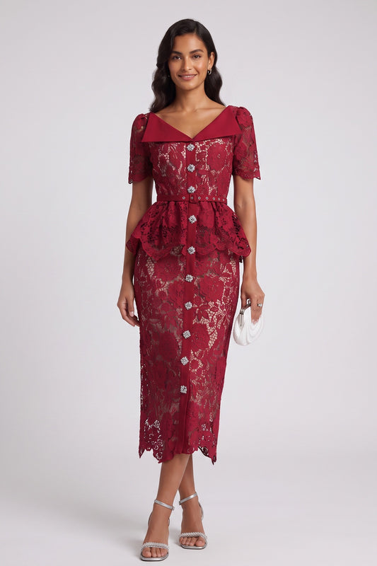 Dark Red Corded Floral Lace Sheath with Peplum Dress dark red corded floral lace dress - product view 1