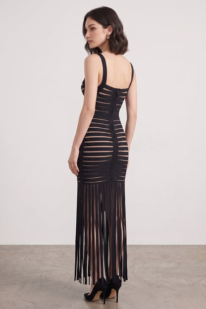 Black Bandage Knit Fringe Maxi Dress black bandage knit dress - product view 4