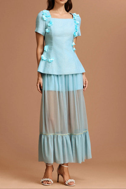 ursula blue Short Sleeves Flowers Folds Top And Skirt Two-Piece Set