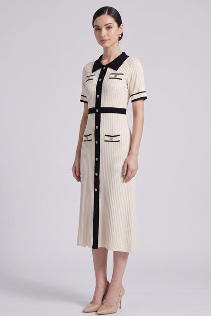 Cream Ribbed Knit Midi Dress with Black Contrast Trim cream ribbed knit dress - product view 2