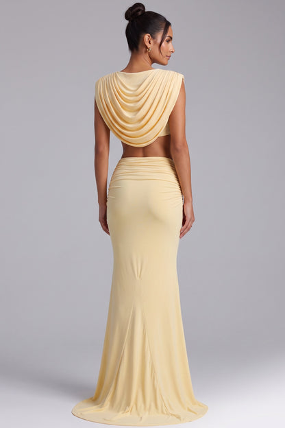 Draped Cowl Neck Two-Piece Set in Pale Yellow Premium Fabric - product view 4