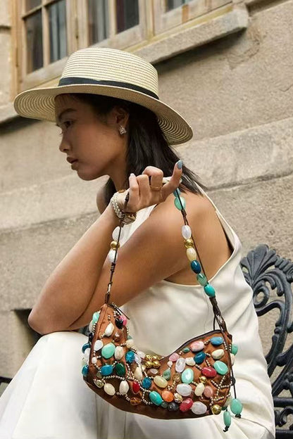 Beaded Crescent Shoulder Bag with Colorful Stone Embellishments
