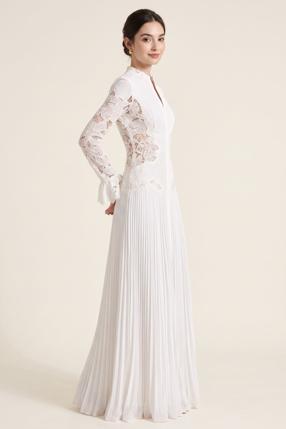 White Pleated Georgette A-Line Gown with Floral Lace white pleated georgette gown - product view 1