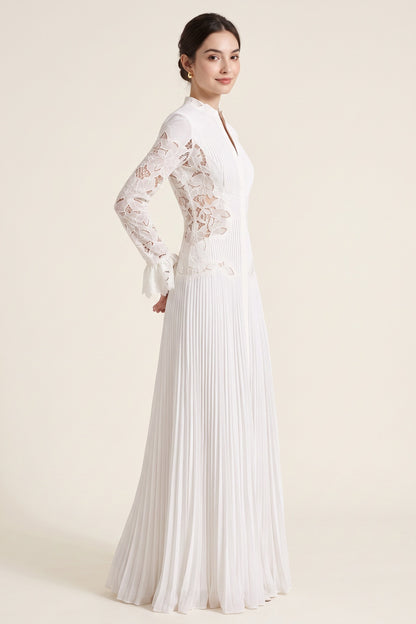 White Pleated Georgette A-Line Gown with Floral Lace white pleated georgette gown - product view 1