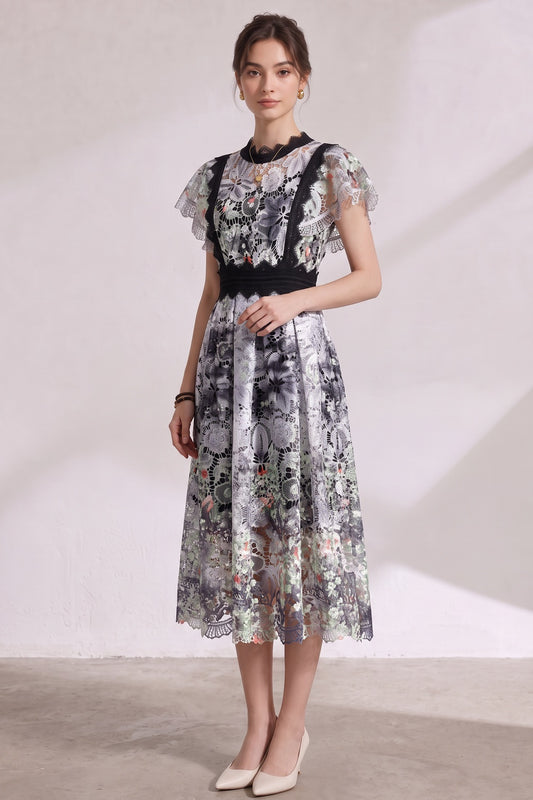 White Embroidered Guipure Lace Fit-and-Flare Midi Dress white, black, grey embroidered guipure lace dress - product view 2