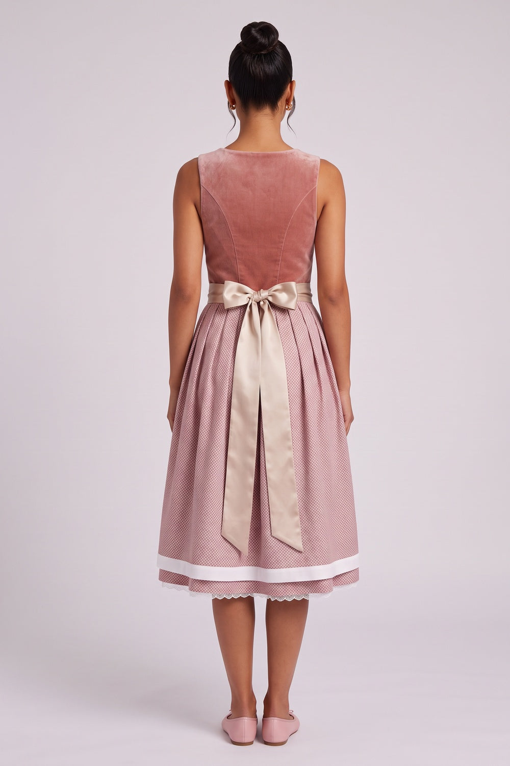 dusty rose velvet bodice a-line dirndl dress dusty rose, terracotta pink velvet bodice, woven patterned skirt dirndl dress - product view 5
