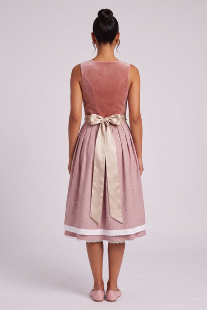 dusty rose velvet bodice a-line dirndl dress dusty rose, terracotta pink velvet bodice, woven patterned skirt dirndl dress - product view 5