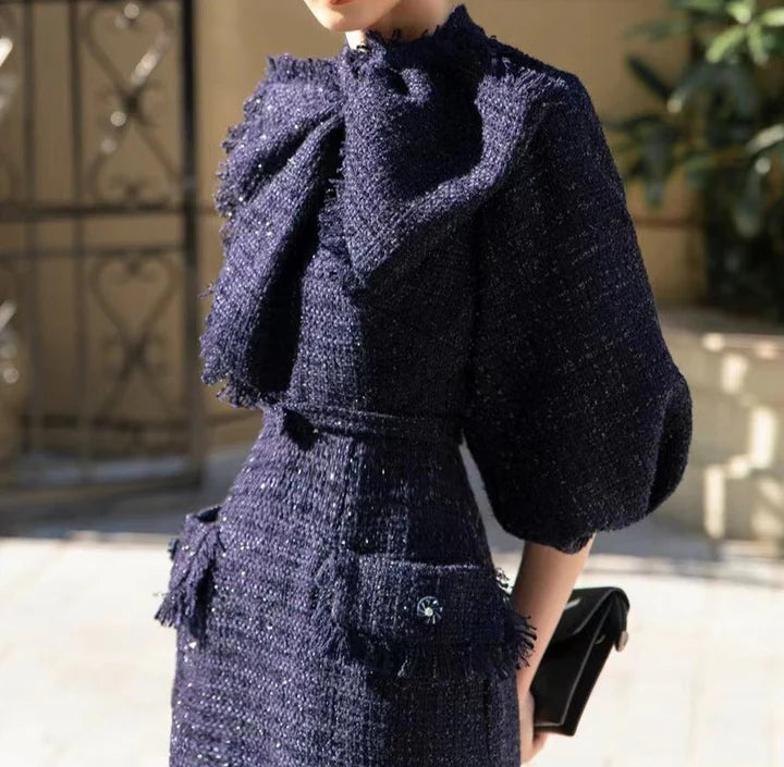 mildred Tweed bow collar midi dress in dark blue
