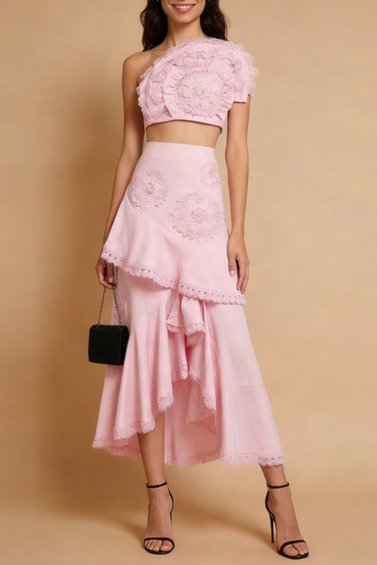 nina Ruffled strapless top floral embroidered mermaid skirt set - pink