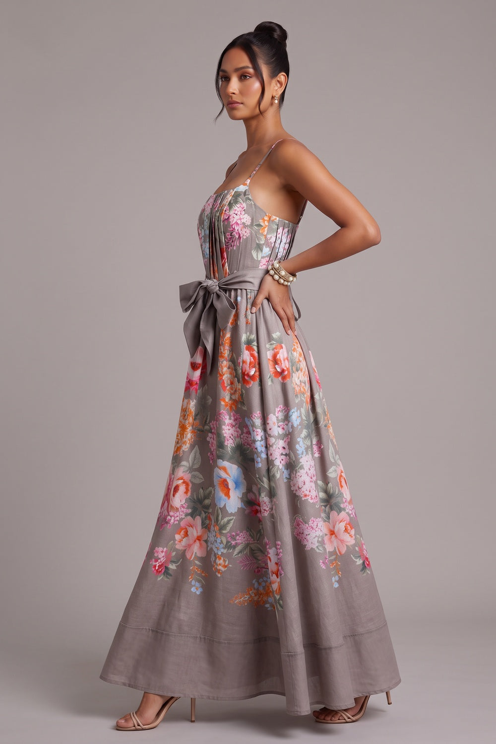 Taupe Linen-Blend A-Line Floral Maxi Dress taupe, warm grey linen-blend dress - product view 3