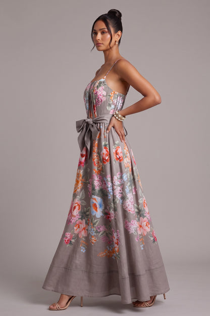 Taupe Linen-Blend A-Line Floral Maxi Dress taupe, warm grey linen-blend dress - product view 3