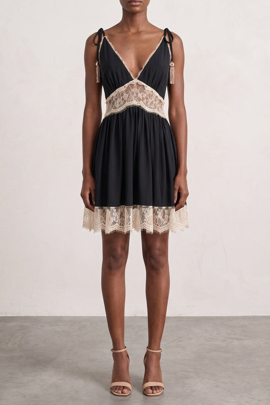 Tie Strap Contrast Lace Mini Dress