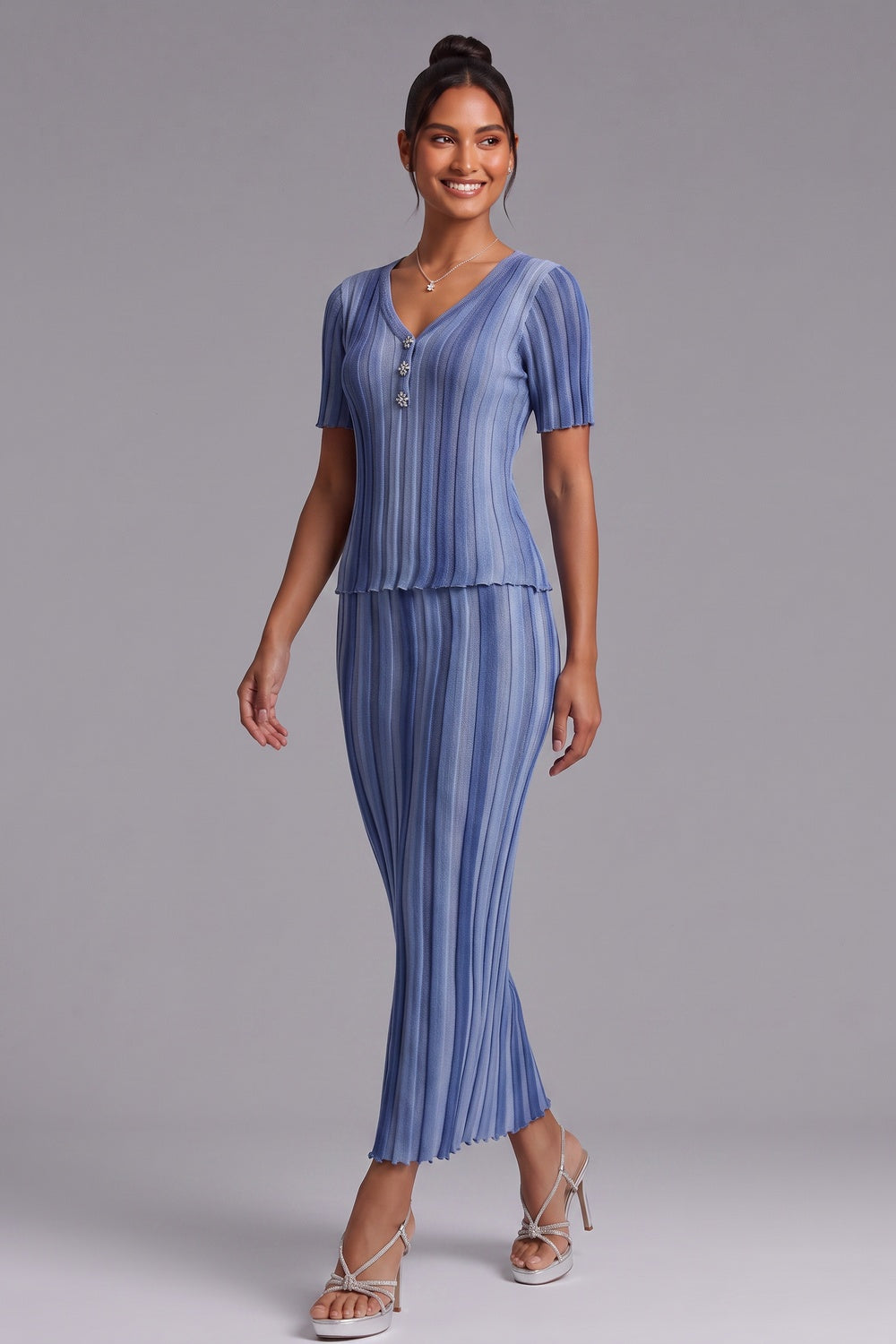 Light Blue Ribbed Knit Two-Piece Set with Gradient Stripes light blue, medium blue, denim blue ribbed knit two-piece set - product view 4