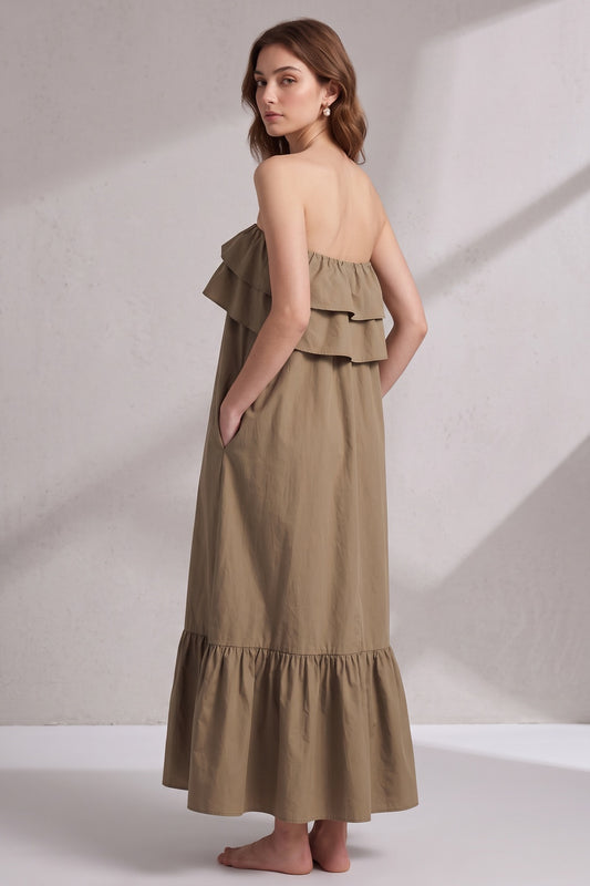 khaki brown cotton poplin A-line tent dress khaki brown cotton poplin dress - product view 4