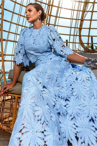 Lace Embroidered Top & Maxi Skirt Two-Piece Set in blue