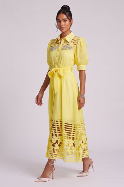 Yellow Midi Dress with Cutout Detail and Crystal Embellishment Premium Fabric - product view 2