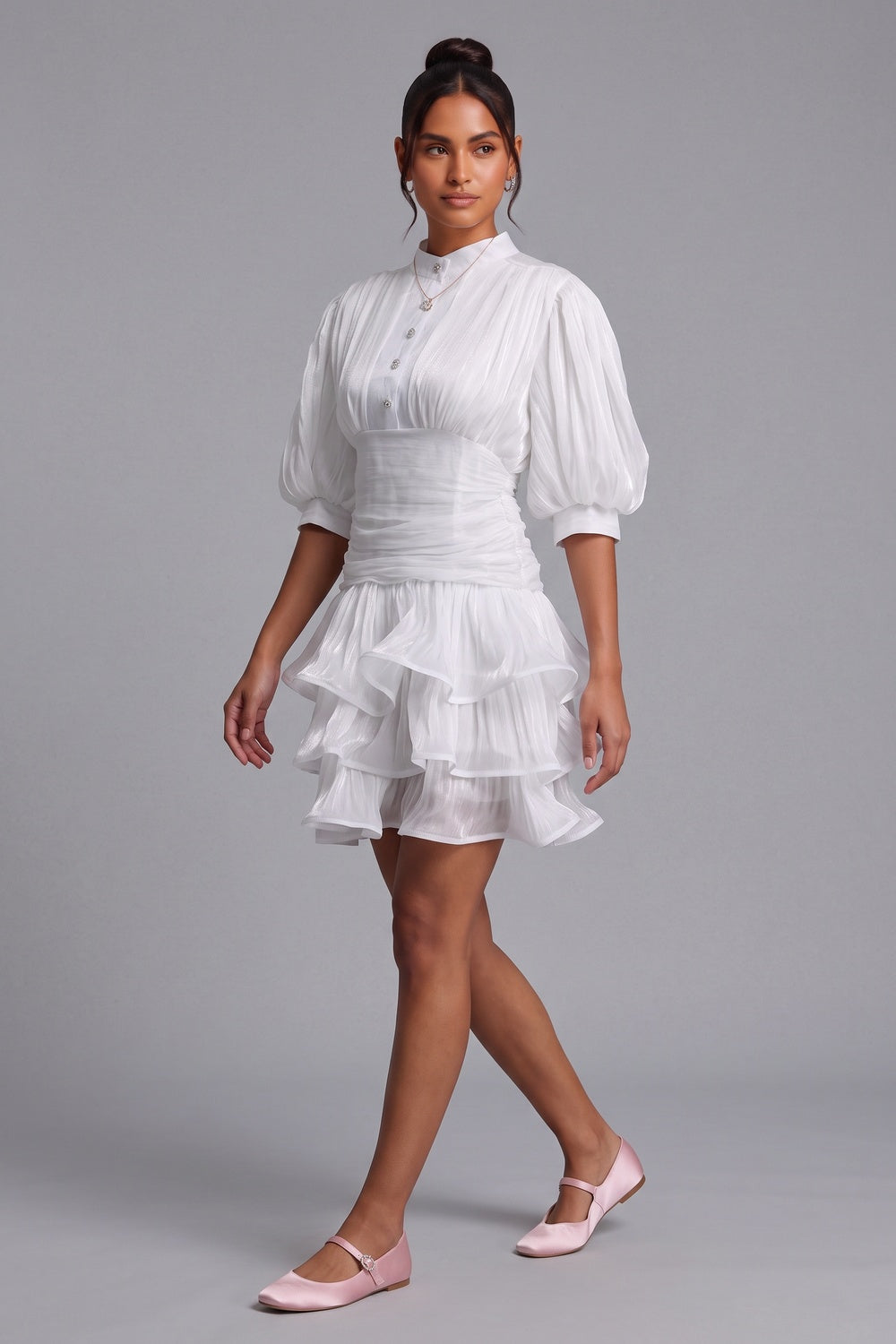 White Tiered Ruffle Mini Dress Premium Fabric - product view 4