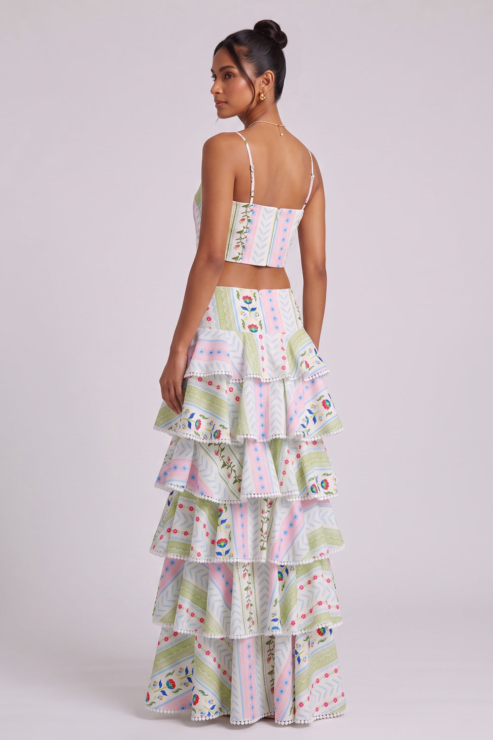 Two-Piece Set with Tiered Maxi Skirt and Pom-Pom Trim Premium Fabric - product view 4