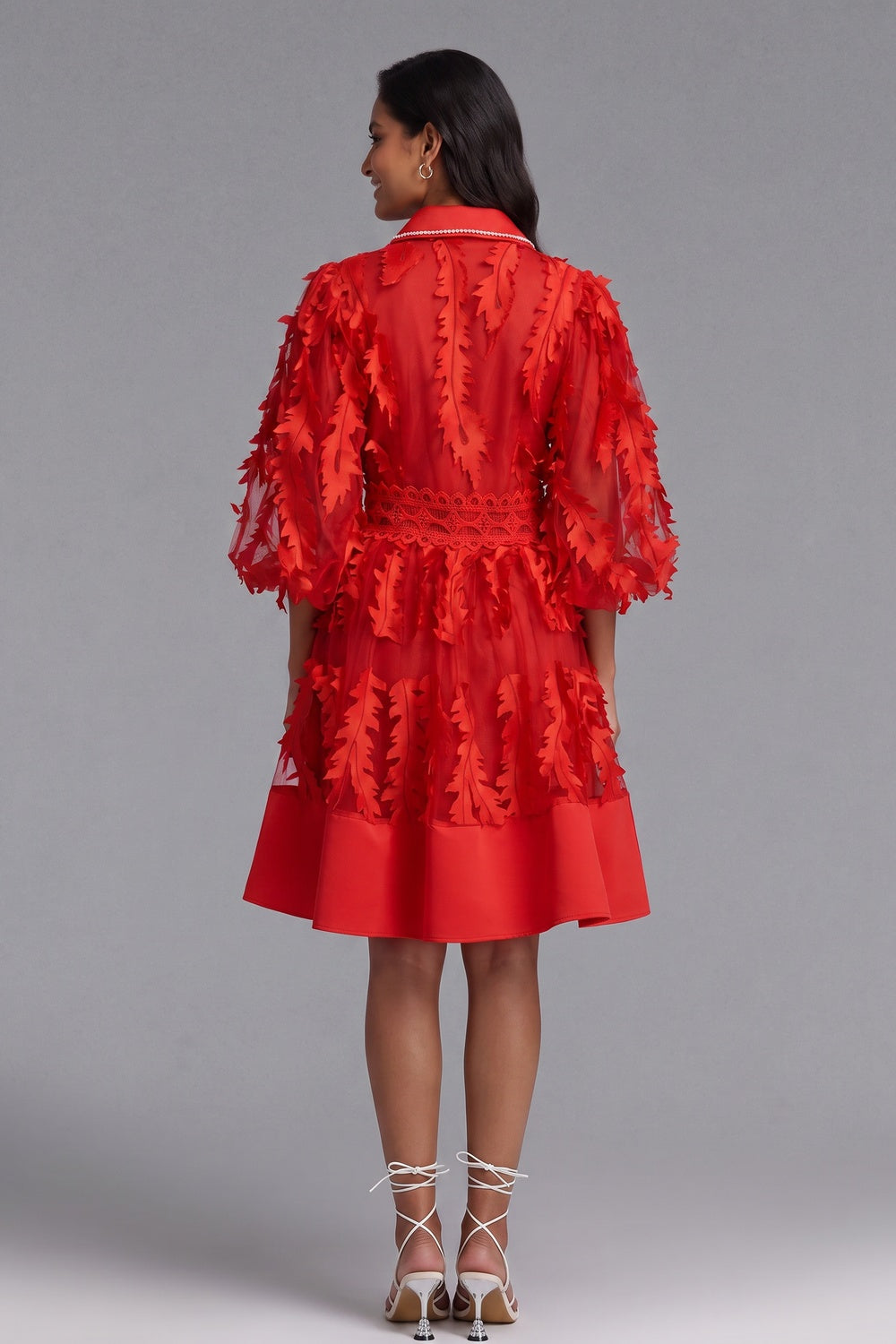 Red Sheer Organza 3D Appliqué Fit-and-Flare Dress red sheer organza with 3D fabric appliqués dress - product view 5