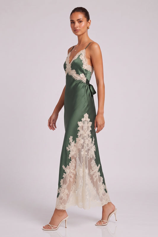 Forest Green Satin Slip Dress with Lace Paneling forest green satin dress - product view 2