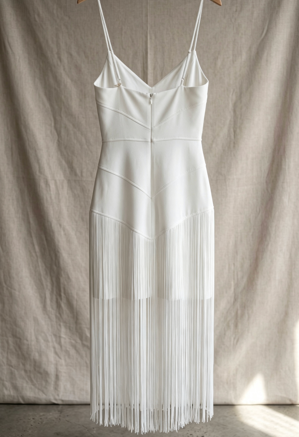 White Structured Crepe Fringe Sheath Dress