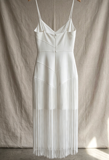 White Structured Crepe Fringe Sheath Dress