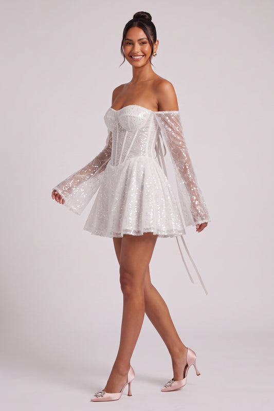 white sequined mesh tulle fit-and-flare mini dress white sequined mesh tulle mini dress - product view 3